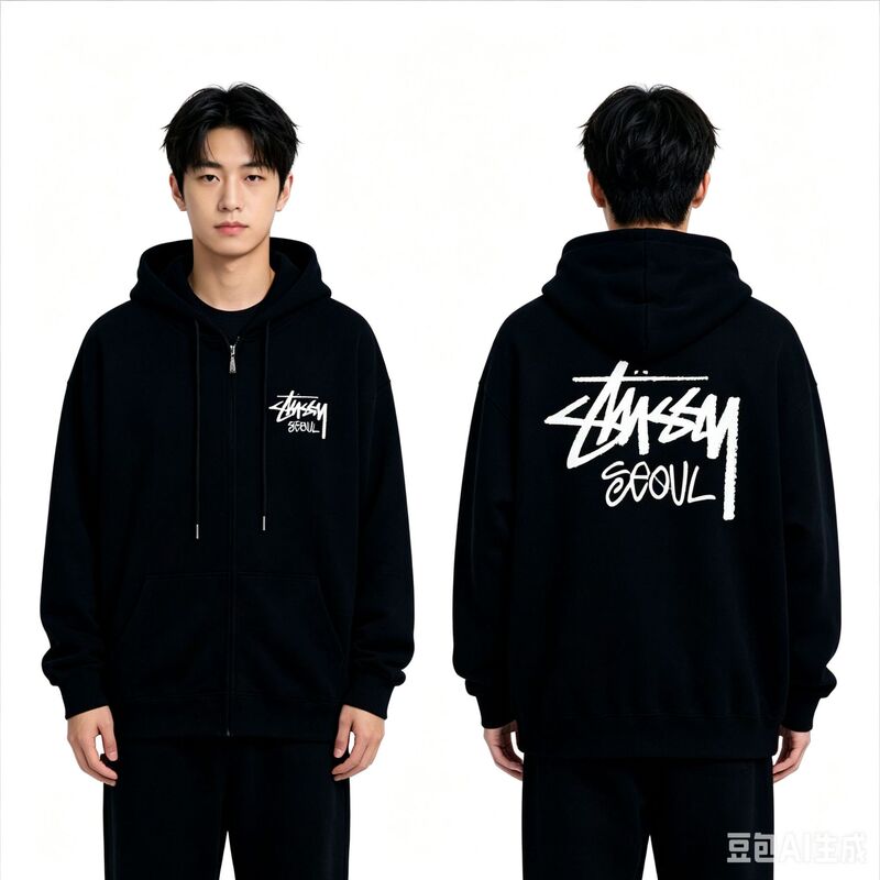 Stussy SEOVL printed unisex zip-up hoodie with front and back prints, couple's trendy high-end version