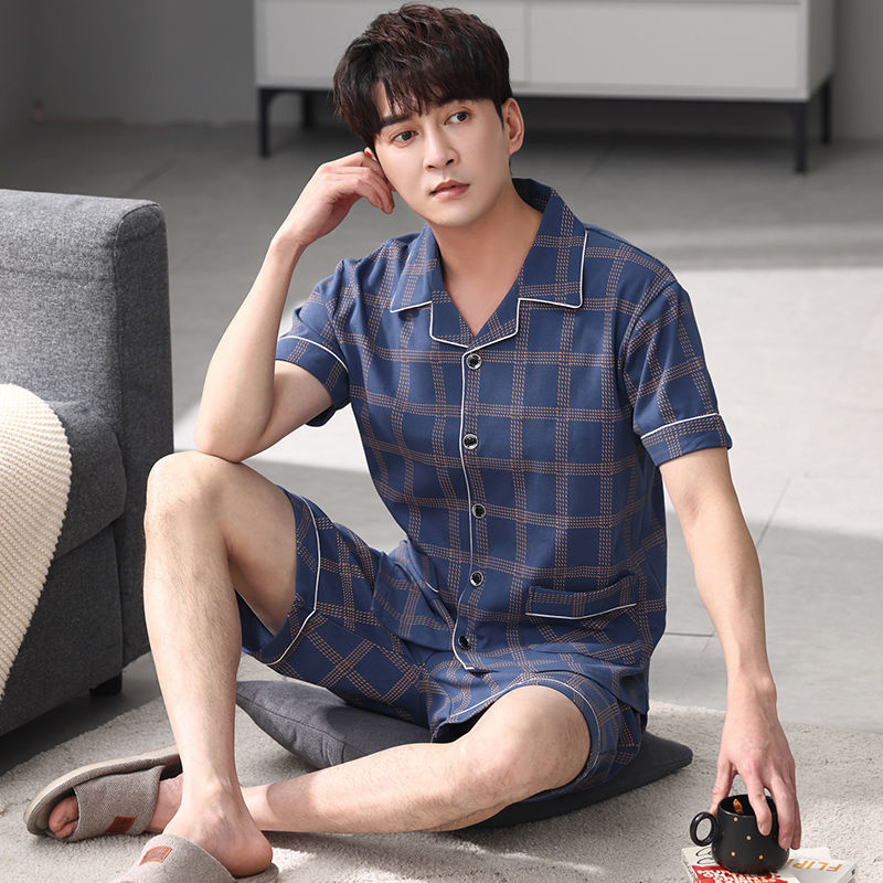 Pijamas de hombre ropa de verano 100% algodón pantalones de manga corta chaqueta juvenil traje de homewear delgado de mediana edad