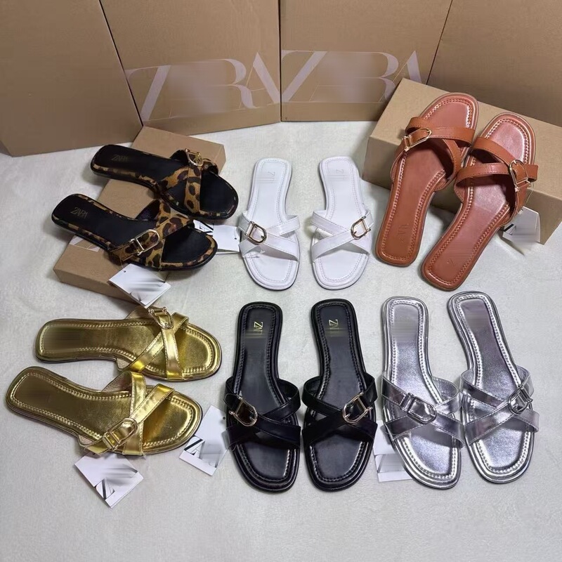 Za Cross-Border Export European and American Large Size Shoes Buckle Women's Shoes Pure Color Simple Versatile Outer Wear Slippers Slippers