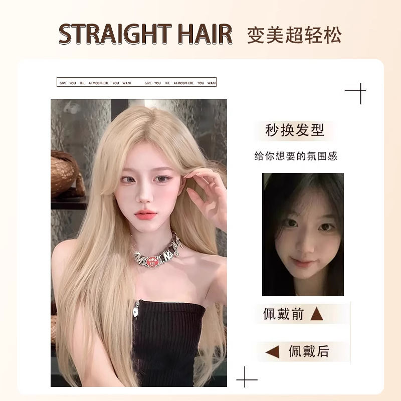 Pelucca de oro blanco mujer cabeza completa rosa cabello largo con cabello recto de cabello humano simulado cabello cos pelucca