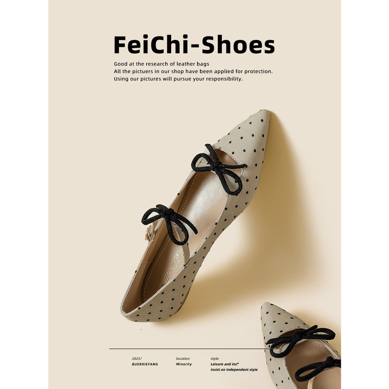 Pointed-Toe Bowknot Soft-Soled Women's Shoes 2026 New Spring and Autumn Style with Single Strap Retro Polka Dot Commuter Mary Jane Shoes Pointed-Toe Bowknot Soft-Soled Women's Shoes 2026 New Spring and Autumn Style with Single Strap Retro Polka Dot Commuter Mary Jane Shoes
