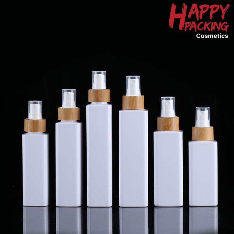 批发多规格包竹白色方形PET瓶喷雾瓶 香水爽肤水化妆水喷雾头