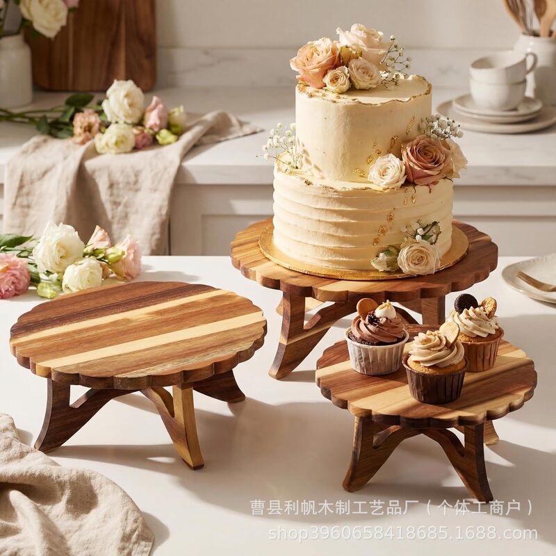 Two-tone solid wood lace cake display stand with high legs, party cupcake dessert presentation wooden tray for home use Two-tone solid wood lace cake display stand with high legs, party cupcake dessert presentation wooden tray for home use