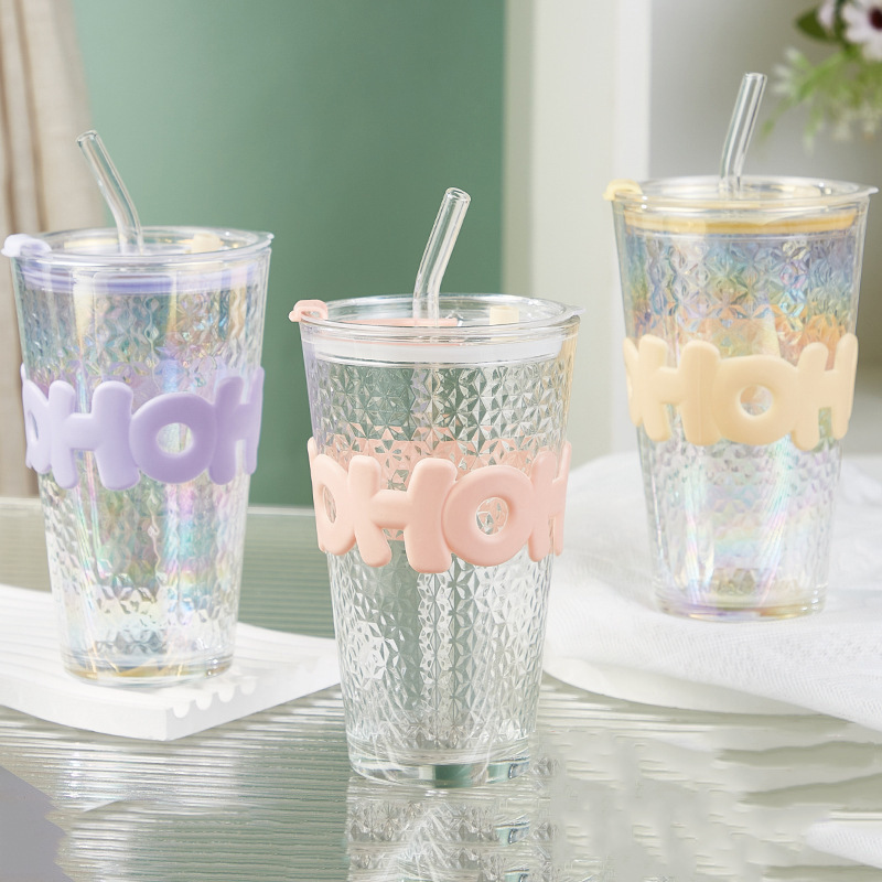 Glass Crushed Ice Suction Cup Large Capacity High Color Value Water Cup Household Colorful Alphabet Cup with Lid Drinking Cup for Hair