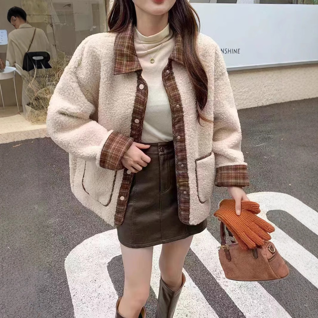 (2개) 플러스 사이즈 여성의 가을과 겨울 새로운 가짜 투피스 컬러 블록 옷깃 격자 두꺼운 양고기 울 디어 스킨 코트 트렌디 탑