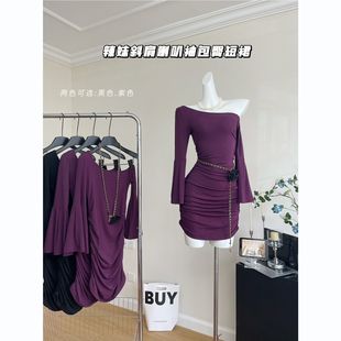 Hot Girl Skeeveless Horn Sleeve dress Women's Pure Desire Advanced Design Sense Elegant Slim-fit Slimming Pleated Hip Skirt