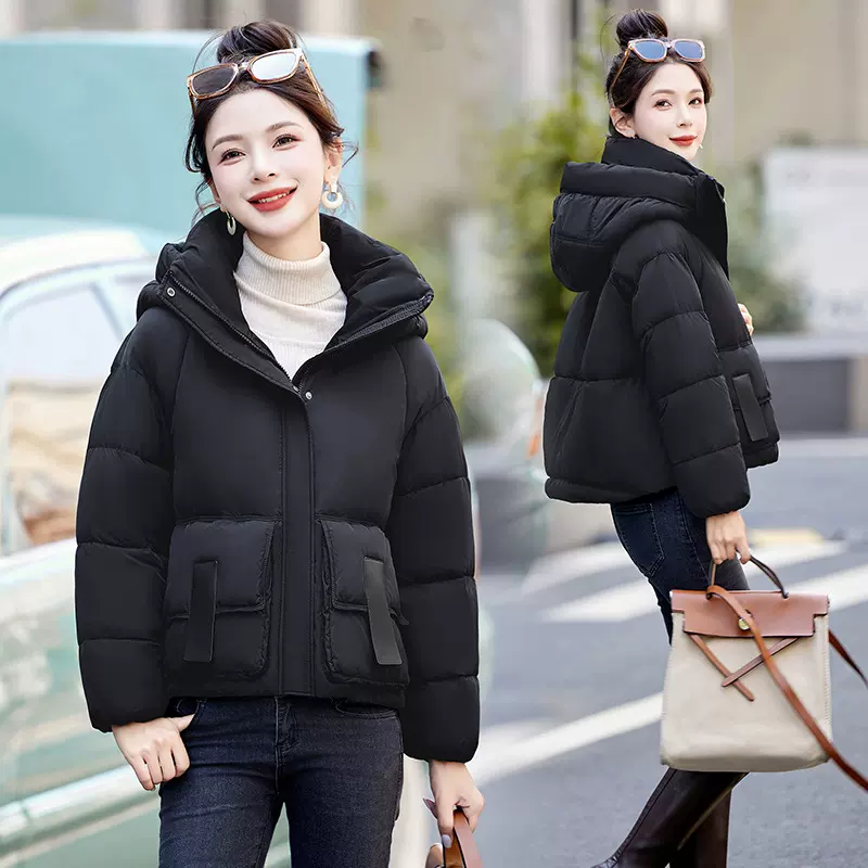 欧美风2024新款面包服外套小个子超好看轻薄短款连帽咖色棉服女