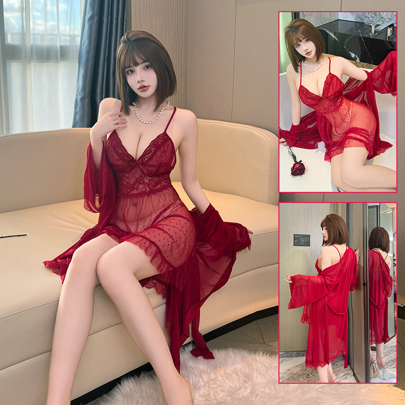 Women's Lace See-Through Pajama Set, Camisole Nightgown, Two-Piece Lingerie Set, Thin Style 852+860