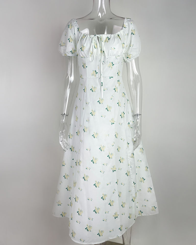 Blumenkleid Mit Puffärmeln Und Bindegürtel Für Damen Commuting_voghion.com