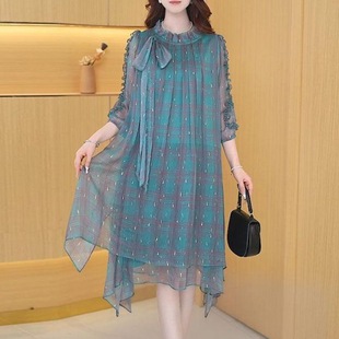 Elegant 2025 Spring Fashion New Chiffon Tie Print Age-Reducing Three-Quarter Sleeve Body-Concealing Mid-Length Dress for Women