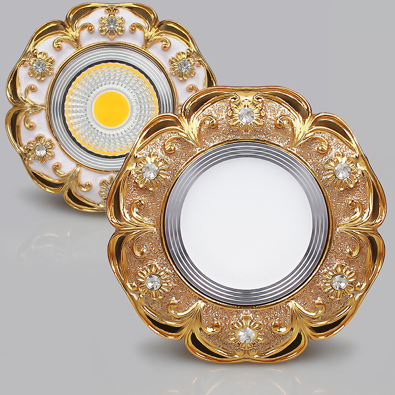 Luxury diamond-encrusted three-color dimming European-style downlight recessed LED spotlight ceiling lamp 5W living room TV background wall