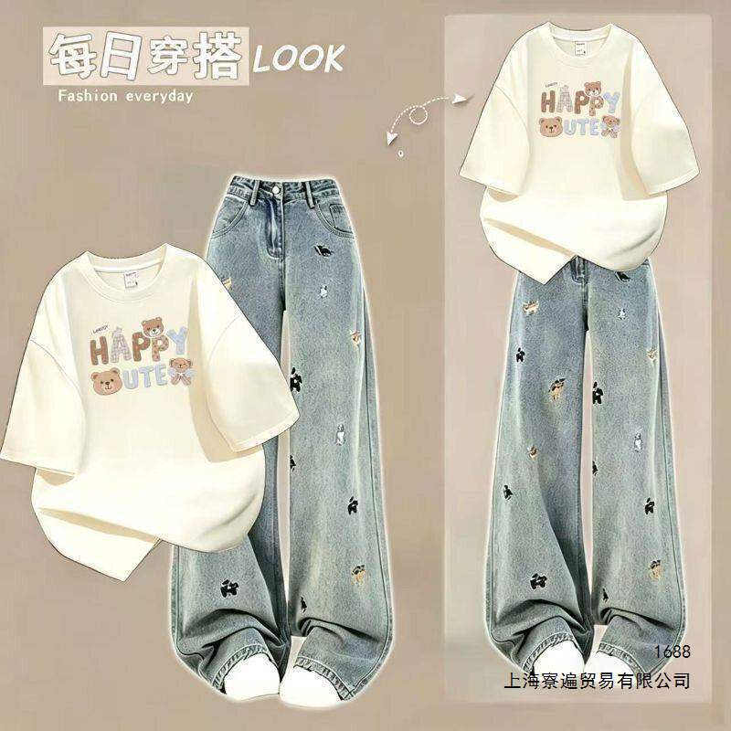 Junior High School Students' Summer Cotton Short-Sleeved T-Shirt Tops Korean-Style Student Outfit with Korean-Style Jeans Two-Piece Set