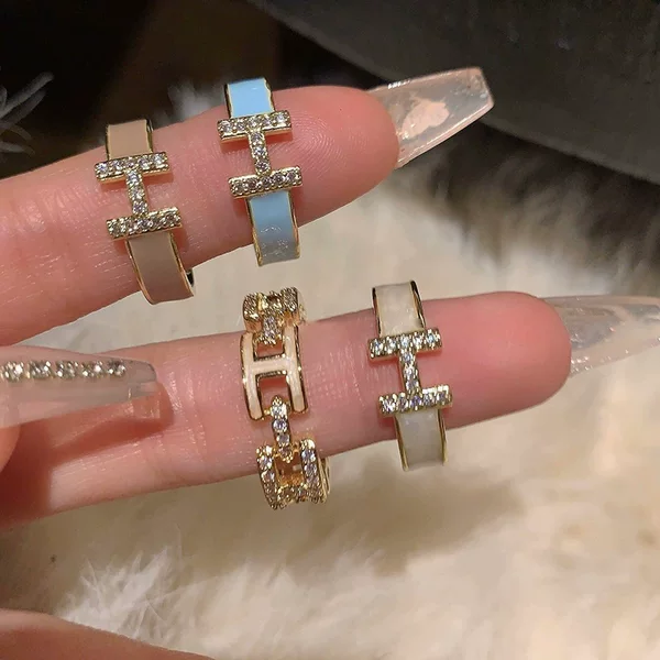Letter H Light Luxury Enamel Micro Set Ring Women's Oil Dropping 18K Gold High-Level Open Finger Ring Unique Niche Ring