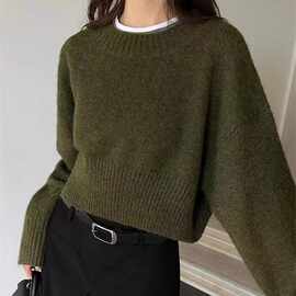 跨境时尚套头针织上衣女秋冬新款百搭纯色圆领现货定制毛衣女装潮