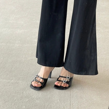 水钻爱心方头一字高跟拖鞋女仙女露趾高跟鞋气质粗跟凉鞋