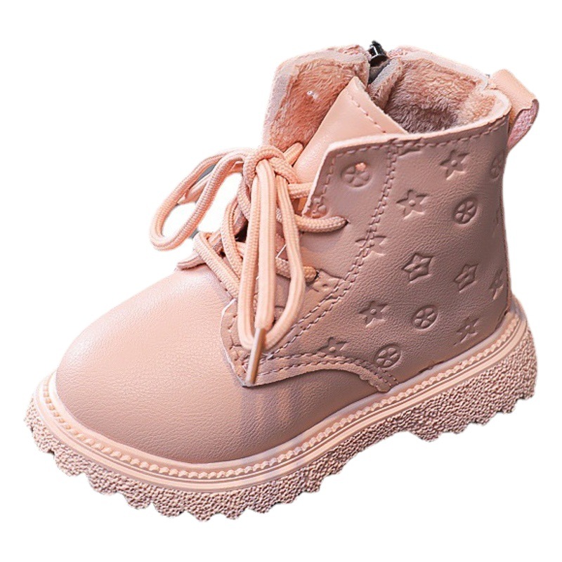 Warm Cotton Boots for Girls, Thin Velvet Lace-Up Leather Boots, Boys' Martin Boots, Printed Short Boots, Mid-Calf Cotton Shoes for Toddlers and Young Children