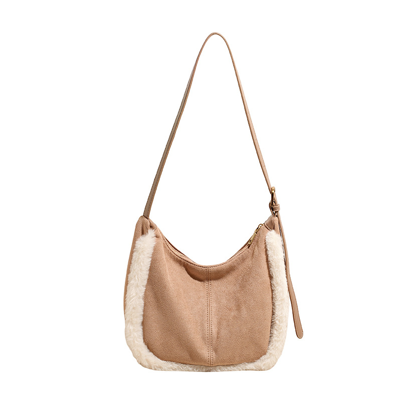 2025 otoño y invierno nuevo estilo retro de cuero de seda bolso de peludo de mujer bolso de cubo de peludo bolso de hombro de color de colisión bolso de mochila versátil