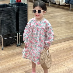 女童連衣裙2024春裝童裝裙子法式田園風玫瑰花公主裙長袖碎花裙