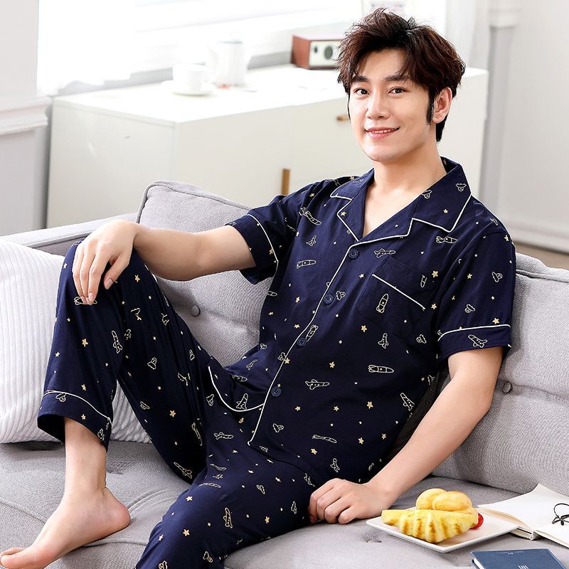 Pijamas pantalones de manga corta para hombres algodón verano delgado cardigan solapa ropa para el hogar más traje de tamaño
