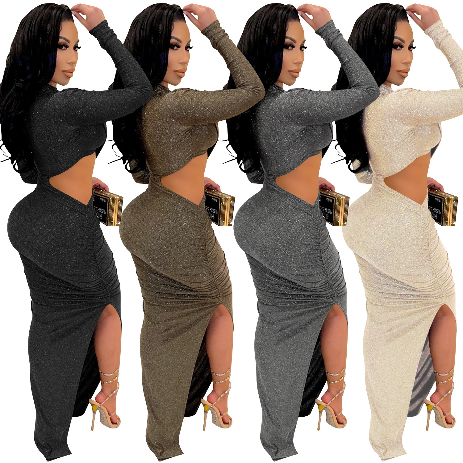 C5550 verano nuevo estilo europeo y americano Amazon moda transfronteriza manga larga sexy hueco vestido de mujer image 6
