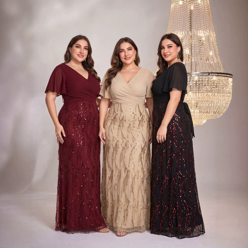 Cross-Border Evening Dress European and American Style V-Neck Long Sleeve Slit Sequin Elegant Plus Size Women's Clothing for Curvy Women Bridesmaid Dress Cross-Border Evening Dress European and American Style V-Neck Long Sleeve Slit Sequin Elegant Plus Size Women's Clothing for Curvy Women Bridesmaid Dress