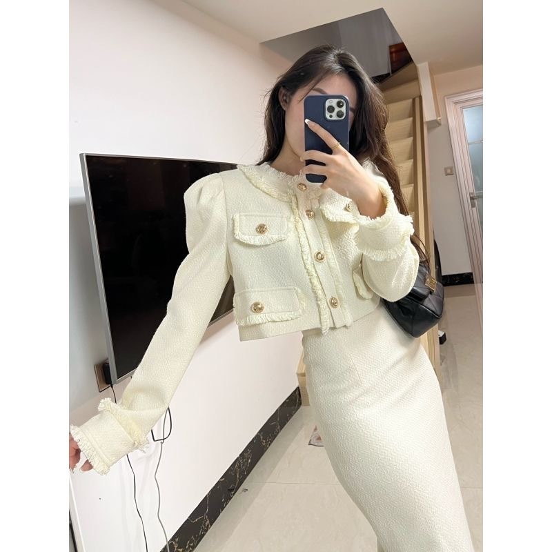 小香风套装裙两件套女秋冬气质名媛短款西装外套女显瘦开叉长裙子|undefined