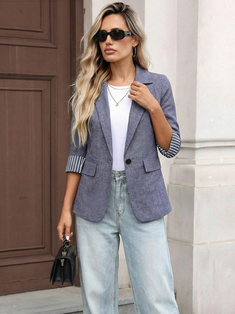 Women's Slim Fit Blazer Quarter Sleeve Single Button Casual Jacket_voghion.com