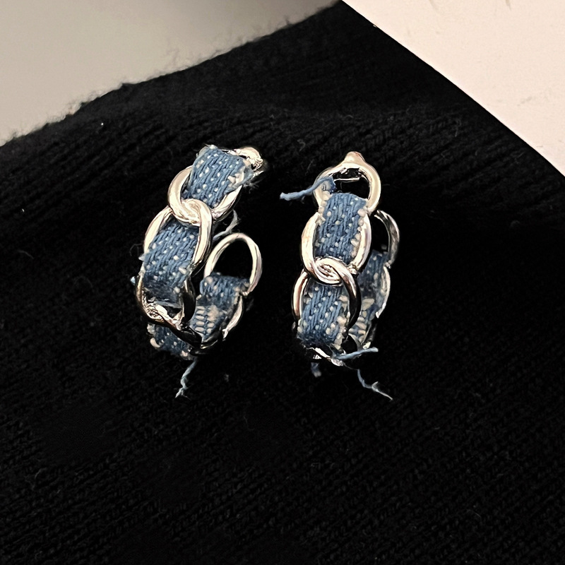 Personalized design blue denim C- shaped earrings elegant light luxury cold style new Chinese fashion earrings earrings