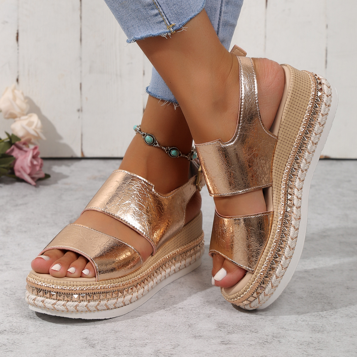 Groß für Damen, Sommer, neuer Stil, Ein-Wort-Schnalle, mit dicker Unterseite, Fischmaul, Römersandalen_voghion.com