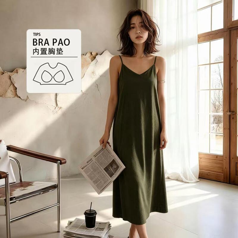 Women's Summer Cool Modal Solid Color Sleeveless Sexy Camisole Nightgown with Chest Pads, Plus Size Long Dress Sleepwear