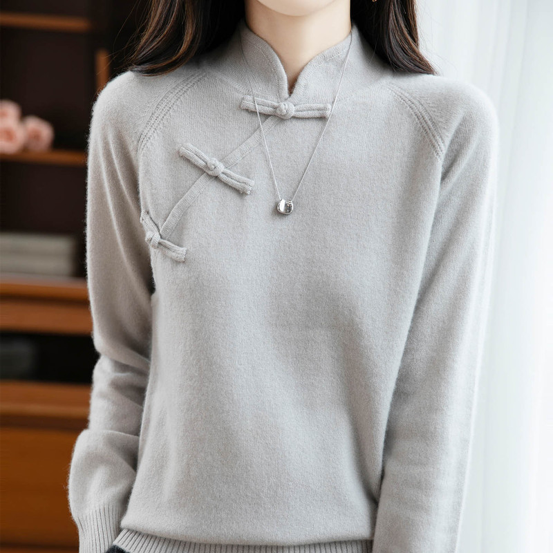 New Chinese Style National Style Buckle 100% Pure Wool Sweater for Women Autumn and Winter New Retro Cheongsam Collar Knitted Bottoming Sweater