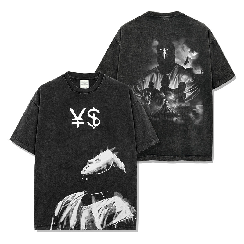 Cross-border American Hip-hop Kanye West Printed Short-sleeved T-shirt Heavy Long-sleeved Crewneck Hooded Sweatshirt for Men