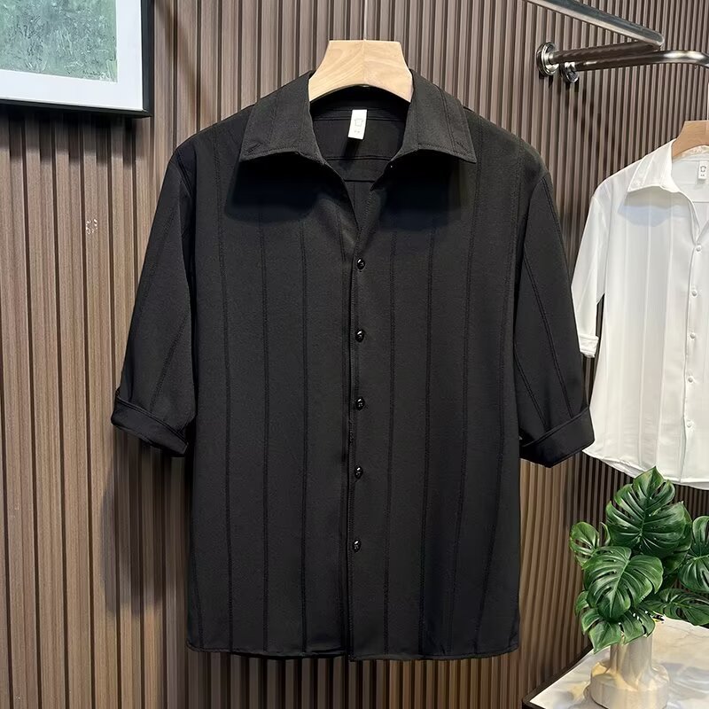 Camicia uomo a maniche corte a righe in misto seta casual_voghion.com