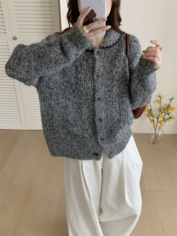 韩系复古休闲针织衫女2025秋冬新款花纱翻领勾边软糯休闲毛衣外套|undefined