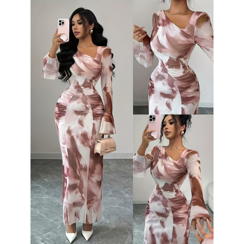 Amazon's New Summer Style Elegant Tie-Dye Printed Mesh Design Dress for European and American Cross-Border Foreign Trade, with a Refined and Elegant Look