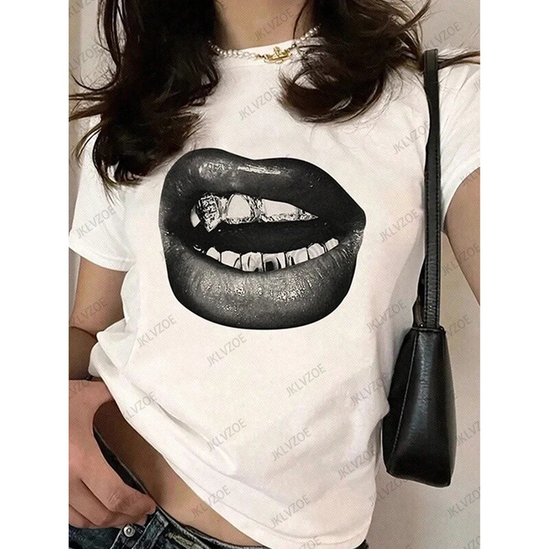 【European Size Cotton T-Shirt】Summer Sports T-Shirt Lip Print Women's Clothing Short Sleeve O-Neck T-Shirt Fun Women's T-Shirt Replica