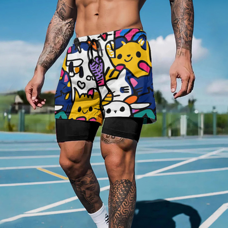 Cartoon Anime Graffiti Sports Shorts Men's Fashionable Versatile Summer Double-Layer Fake Two-Piece Sports Fitness Running Shorts