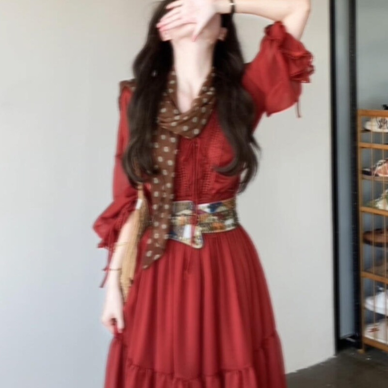 Bohemian Red Dress for Women, New Summer Style, Early Autumn Elegant Outfit, Very Beautiful Long-Sleeved Long Dress Bohemian Red Dress for Women, New Summer Style, Early Autumn Elegant Outfit, Very Beautiful Long-Sleeved Long Dress