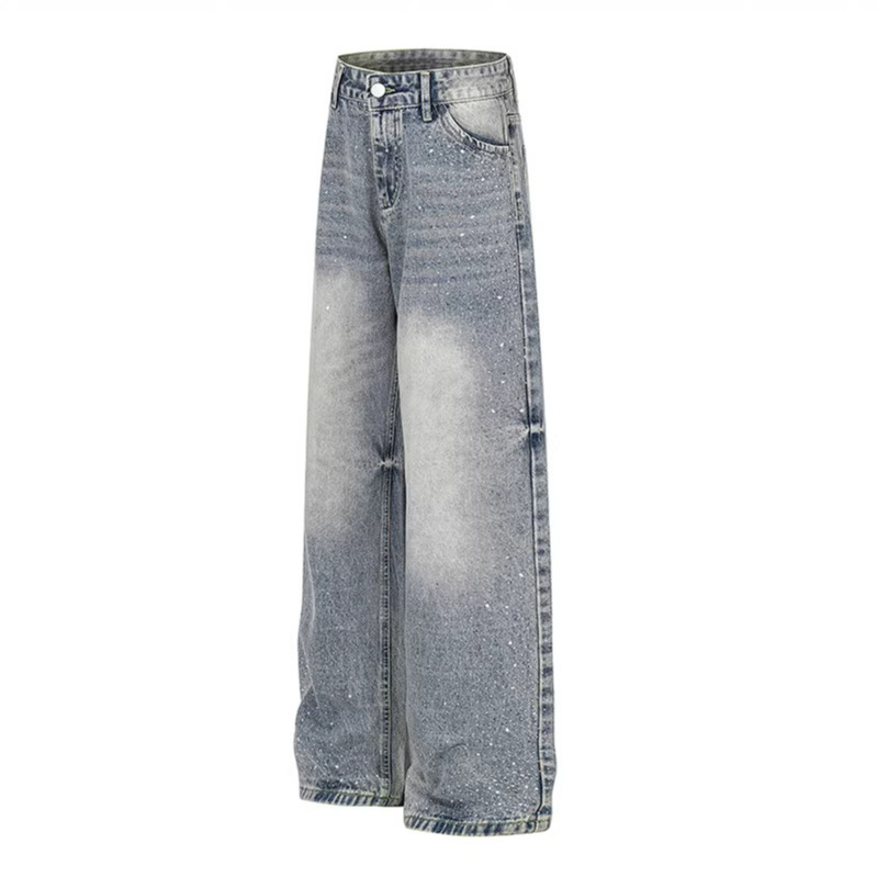 Retro Washed Rhinestone Straight Leg Jeans Loose Fit Casual Versatile Men Women High-End Design Summer Style_mkmklike.com