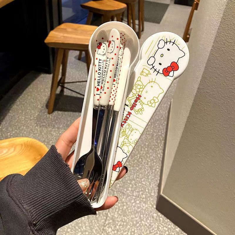 Cute cartoon chopsticks, spoon, and fork set, portable for students, office workers, and travelers, suitable for taking meals on the go