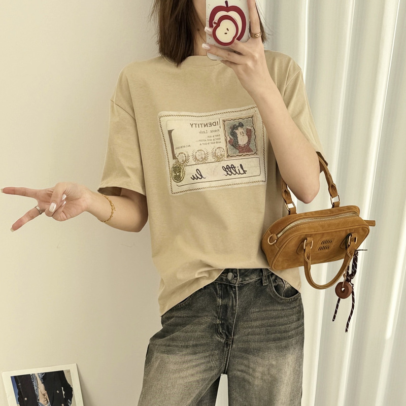 American Retro Style Printed Cartoon Character T-Shirt with Heavy-Duty Cut-Out Embroidery and Regular Shoulder Sleeves, Same Style as in the Mall American Retro Style Printed Cartoon Character T-Shirt with Heavy-Duty Cut-Out Embroidery and Regular Shoulder Sleeves, Same Style as in the Mall
