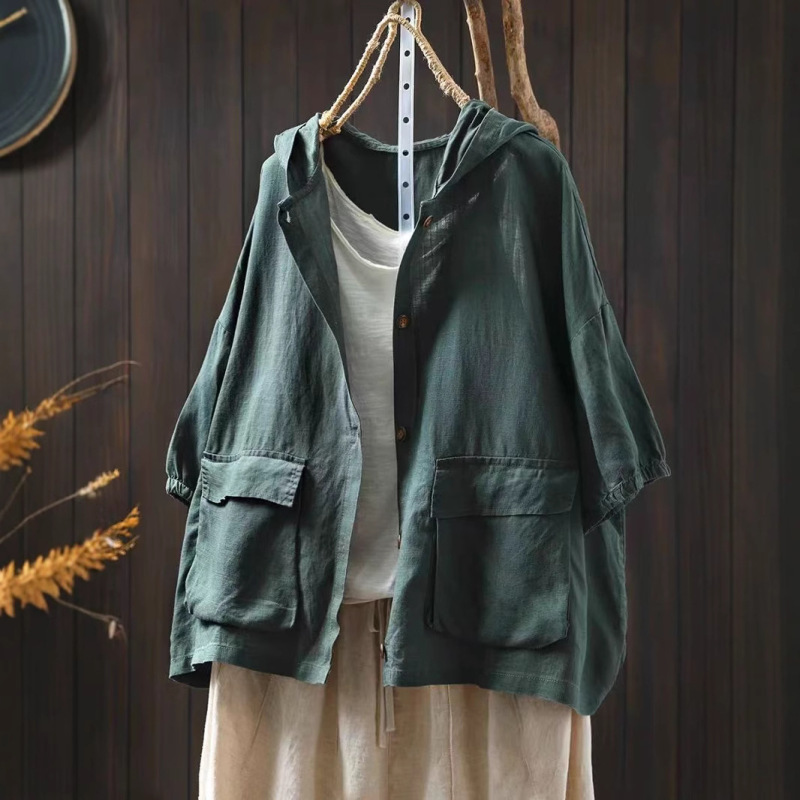Summer New Double Pocket Hooded Linen Shirt Women's Seven-point Sleeve Loose plus size Casual Outer Cardigan 90005 Summer New Double Pocket Hooded Linen Shirt Women's Seven-point Sleeve Loose plus size Casual Outer Cardigan 90005