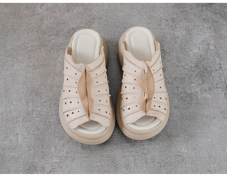 Sandal cao gót nữ quai ngang đế xuồng da thật phong cách cổ điển — màu be chi tiết 11