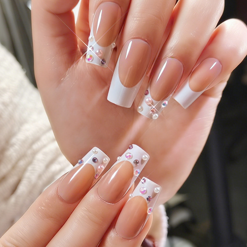 Cross-Border 24-Piece Wearable Nails in Nude Color with White French Style, Pearl and Rhinestone Design, Medium-Length Nail Stickers, Simple and Versatile Fake Nails Cross-Border 24-Piece Wearable Nails in Nude Color with White French Style, Pearl and Rhinestone Design, Medium-Length Nail Stickers, Simple and Versatile Fake Nails