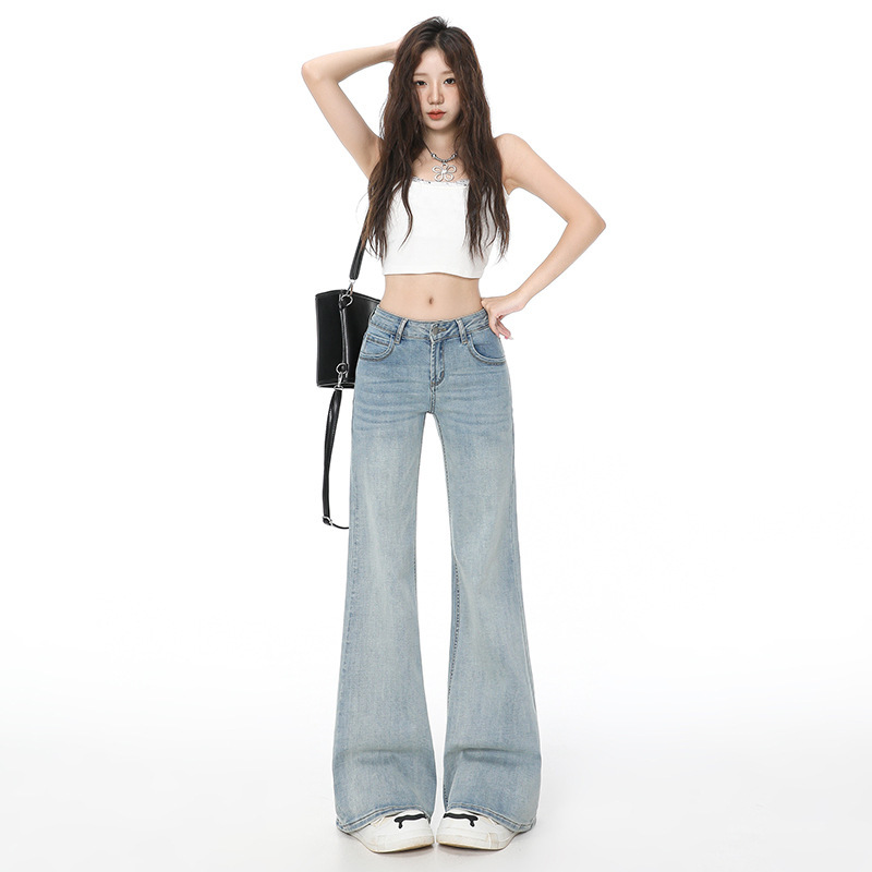 Light Blue Flared Jeans for Women 2026 Spring/Summer Low-Waist Loose Drapey Floor-Length Petite Non-Tight Flared Pants