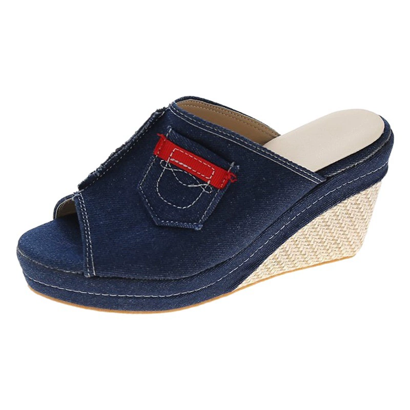 Европейская и американская внешняя торговля сандалии больших размеров 35-45 2021 летние джинсовые тапочки на танкетке с открытым носком повседневная женская обувь