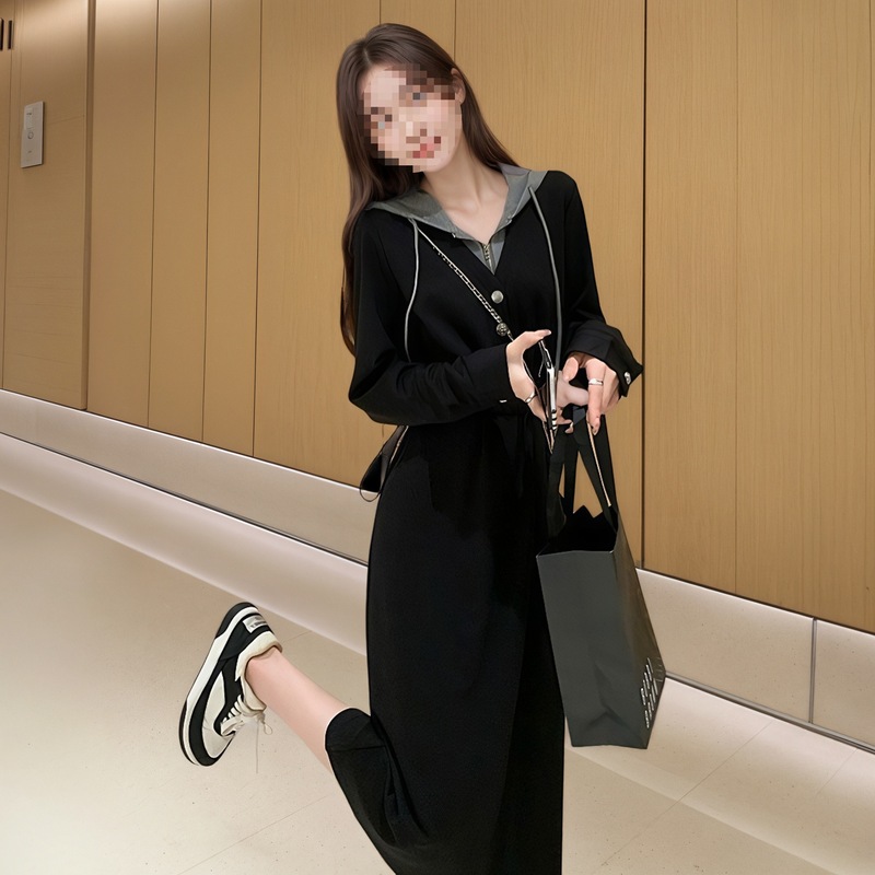 2025秋冬季新款女士休闲显瘦假两件连帽卫衣裙时尚气质收腰连衣裙|undefined