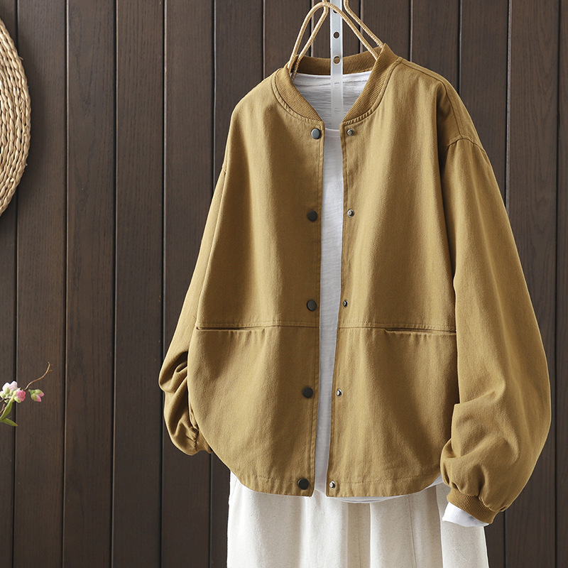 Vintage Workwear Baseball Jacket for Women, Loose and Slimming, Spring and Autumn, Plus Size, Cotton, Stand Collar, Double Pocket, Outerwear Jacket