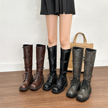 厚底复古长靴2024新款加绒胖mm圆头高筒靴加宽长筒靴大码41-43