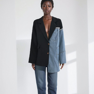 Korean Style Asymmetrical Denim Splicing Suit 2025 Spring New Fashion High-End Personalized Casual Loose Suit
